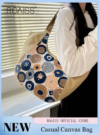 Women's Shoulder Bag Large Capacity Portable Printed Canvas Bag Trend Versatile Simple Fashion 