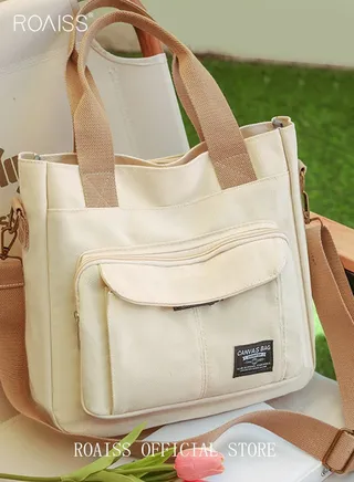Large Capacity Shoulder Bag  Durable Macaron Color Scheme Smooth Zipper Solid Color Tote Bag 
