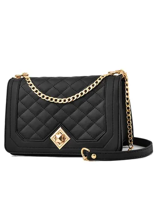 Crossbody Bags for Women Small Handbags PU Leather Shoulder Purse Evening Quilted Satchels with Chain Strap Black 23X9X15cm 
