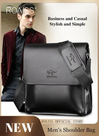 Business PU Leather Shoulder Bag for Men 7 Pockets Clamshell Adjustable Strap Waterproof Large Capacity Crossbody Bag Mens Classic Commuting Premium Textures Backpack 