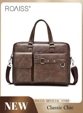 PU Leather Business Shoulder Bag for Men Smooth Zipper Adjustable Strap Waterproof Large Capacity Crossbody Bag Mens Fashion Commuting Premium Textures Handbag Includes Computer Compartment 