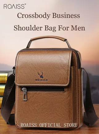 Men Business Leather Crossbody Bag Vertical Type Square Type Shoulder Bag Men Zipper Buckle Leather Messenger Bag Crossbody Shoulder Bag Vintage Handle Bags 