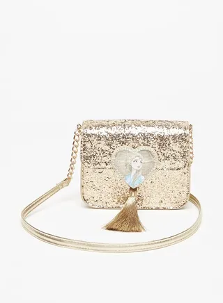 Girls Disney Frozen Print Crossbody Bag with Heart Accent and Tassel Detail 