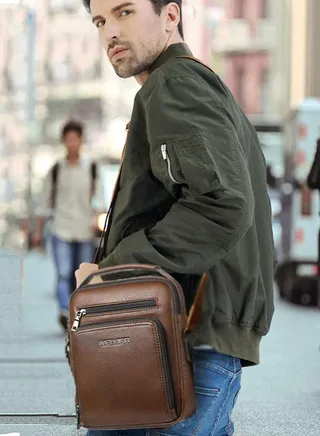 Men Business Leather Crossbody Bag Vertical Type Square Type Shoulder Bag Men Zipper Buckle Leather Messenger Bag Crossbody Shoulder Bag Vintage Handle Bags 