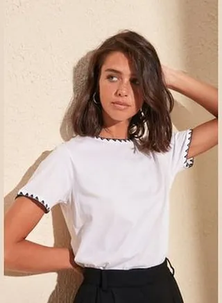 White 100% Cotton Contrast Stitching Detail Basic Crew Neck Knitted T-Shirt
