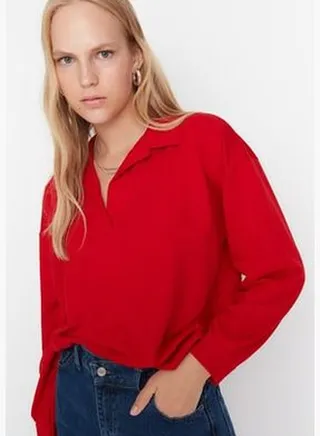 Red Regular/Normal fit Basic Polo Collar Regular, Thin Knitted Sweatshirt TWOAW23SW00003