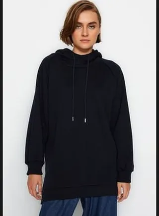 Navy Blue Hooded Oversized Rayon Knitted Sweatshirt.