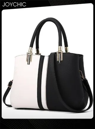 Classic Women Contrast Color Handbag Lady Large Capacity Multi Pocket Commuting Shoulder Bag PU Fabric Waterproof Crossbody Bag Black+White 