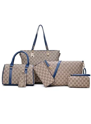 6-Piece PU Women High-Capacity Bag Lattice Texture Handbag Set Blue/White/Grey 