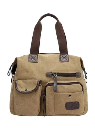 Goolsky Zipper Closure Canvas Shoulder Bag Khaki 