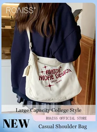 Women Single Shoulder Bag Versatile Commuter Handheld Bag with Large Capacity Trendy Canvas Design Suitable for Female Students featuring Lazy Style and Letter Embroidery Tote Bag 