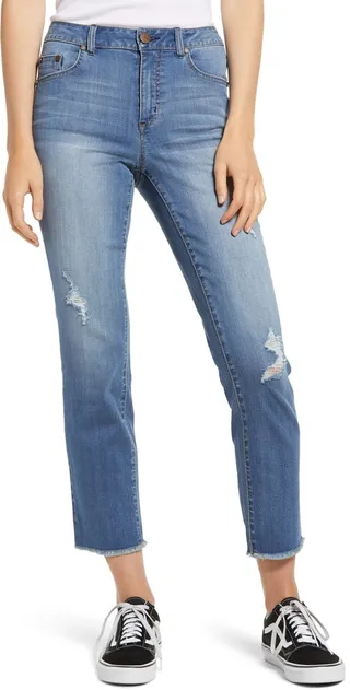 Ripped High Waist Crop Straight Leg Jeans