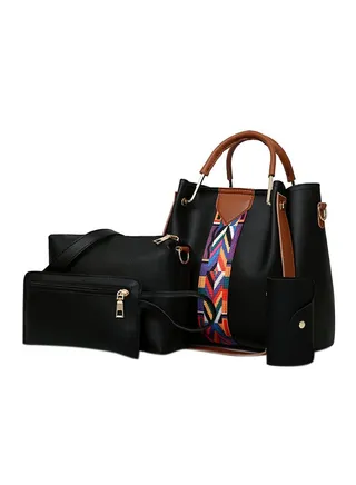 4-Piece Striped Patchwork Handbag Set Black 