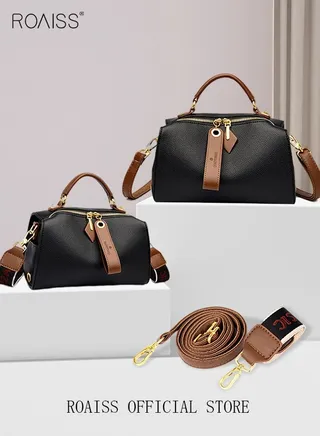 Trendy Women Soft Leather Crossbody Bag Simple Classic Style with Double Layer Compartments and Zipper Closure Boston Bag 