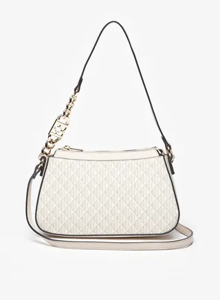 Women's All-Over Monogram Print Shoulder Bag with Adjustable Strap 