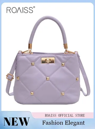 ROAISS Fashionable Quilted Crossbody Bag Womens Metallic Studded Decor Handbag Twist Lock Satchel Bag Solid Color Sweet Soft Small Tote Bag Messenger Bag White 