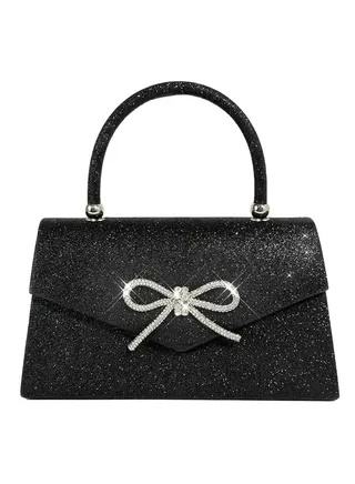 Womens Evening Bag Sparkly Bow Clutch Purse Wedding Party Purses Glitter Rhinestone Prom Handbags Sparkling Powder Banquet Chain Crossbody Black 