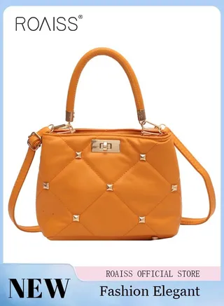 ROAISS Fashionable Quilted Crossbody Bag Womens Metallic Studded Decor Handbag Twist Lock Satchel Bag Solid Color Sweet Soft Small Tote Bag Messenger Bag Orange 