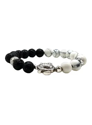 Howlite And Lava Stone Beaded Bracelet With Turtle 