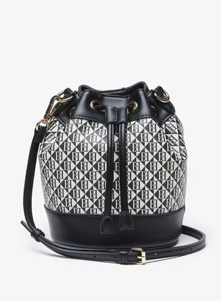 Women's All-Over Monogram Print Bucket Bag with Drawstring Closure and Detachable Strap