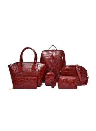 6 Piece Crocodile Pattern Composite Bag Set Red 
