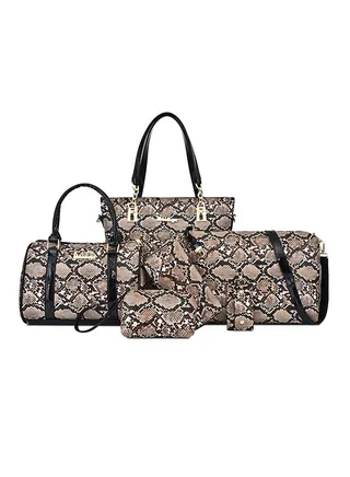 6-Piece European And American Style Snake Print Bag Set Brown 