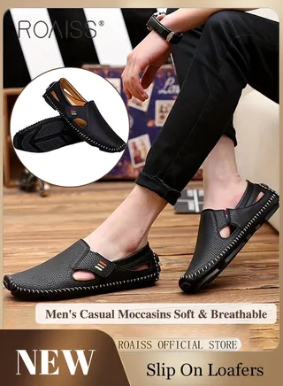Special Shaped Slip-On Shoes for Men Fashion Stitched Trim Low Top Soft Sole Business Leather Flat Shoes Mens Wear Resistant Anti Slip Breathable Comfort Outdoor Beach Sandals 