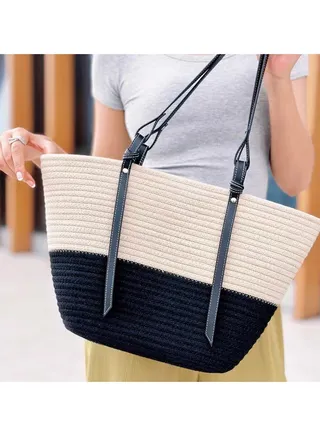 New Trendy Cotton Thread Woven Bag Colored Spliced Grass Woven Bag Large Capacity Shoulder Bag 