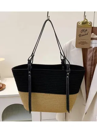 New Trendy Cotton Thread Woven Bag Colored Spliced Grass Woven Bag Large Capacity Shoulder Bag 