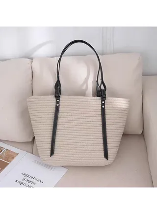 New Trendy Cotton Thread Woven Bag Colored Spliced Grass Woven Bag Large Capacity Shoulder Bag 