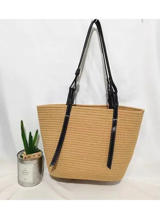 New Trendy Cotton Thread Woven Bag Colored Spliced Grass Woven Bag Large Capacity Shoulder Bag 