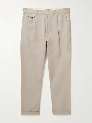 Tapered Cropped Pleated Cotton and Linen-Blend Trousers