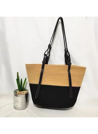 New Trendy Cotton Thread Woven Bag Colored Spliced Grass Woven Bag Large Capacity Shoulder Bag 
