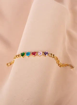 Chinese Gold Bracelet with Colorful Zirconic Hearts 