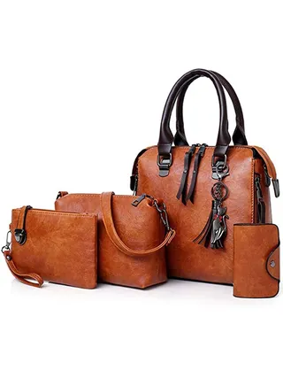 4 Pcs Women Fashion Synthetic Leather Handbags Tote Bag Shoulder Bag Top Handle Satchel Purse Wallet Set 