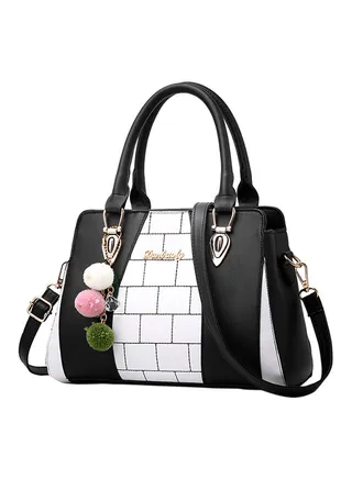 Contrast Colour Fur Ball Decor Shoulder Bag White/Black 