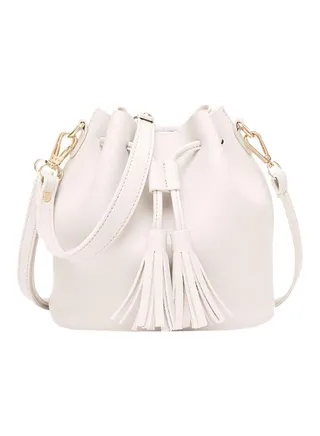Tassel Drawstring Bucket Bag White 
