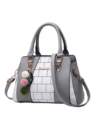 Contrast Colour Fur Ball Decor Shoulder Bag White/Grey 