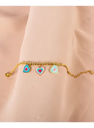 Stainless Steel Golden Bracelet with Colorful Hearts Pendants 
