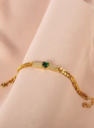 Chinese Gold Bracelet with Green Zirconic Heart Stone 