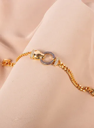 Chinese Gold Bracelet Golden with Blue Zirconic Panther Head 