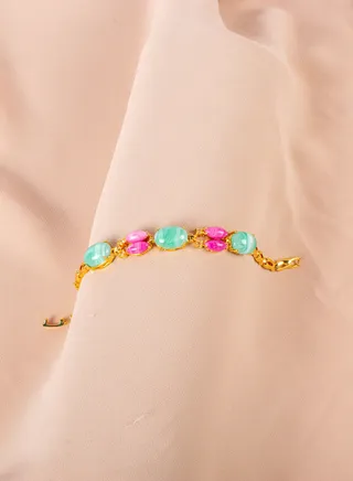 Chinese Gold Bracelet with Green & Pink Stones 