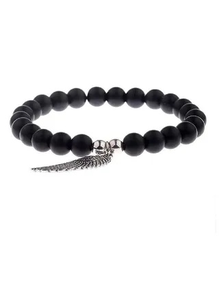 black bracelet with silver wing 
