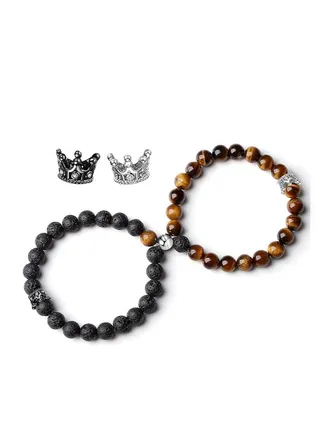 Multi-colored king and queen crown magnetic bracelets, 2 pieces 