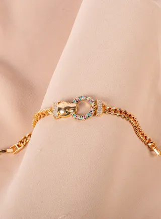 Chinese Gold Bracelet Golden with Colorful Zirconic Panther Head 