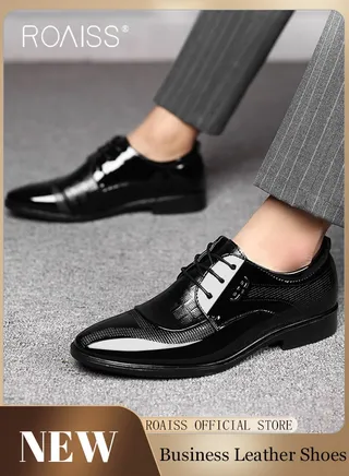 Business Formal Leather Shoes for Men Lightweight and Non Slip Pointed Patent Leather Shoes for Office Wedding Business Trip Casual Soft and Breathable Men's Lace up Leather Shoes for Bridegroom 