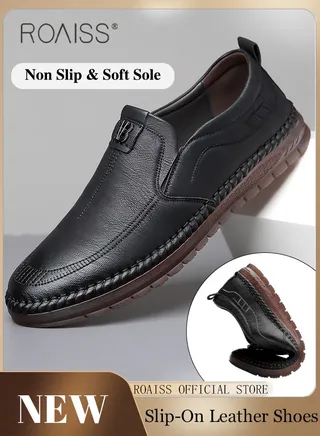 Casual Slip-On Flat Shoes for Men Round Toe Low Top Stitch Decor Soft Sole Business Leather Shoes Mens Wear Resistant Anti Slip Breathable Comfort Outdoor Walking Shoes 