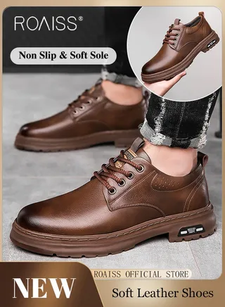 Low Top Business Leather Shoes for Men Retro Round Toe Lace up Front Comfort Driving Shoes Mens Casual Soft Wear Resistant Anti Slip Bottom Outdoor Walking Shoes for All Seasons 