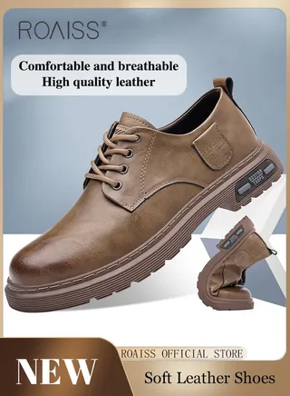 Low Top Martin Boots for Man British Style Retro Business Leather Shoes Round Toe Lace up Front Work Shoes Burnished Premium Textured Anti Slip Breathable Casual Shoes 