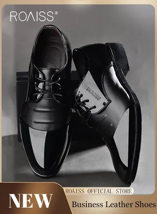 Business Formal Leather Shoes for Men Lightweight and Non Slip Pointed Patent Leather Shoes for Office Wedding Business Trip Casual Soft and Breathable Men's Lace up Leather Shoes for Bridegroom 